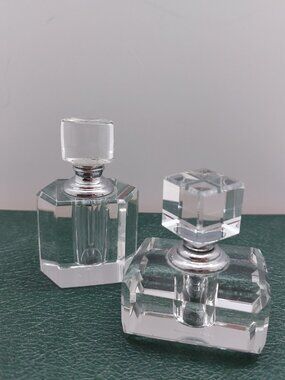 2  Small Vintage Clear Crystal Glass Perfume Bottles Oleg Cassini